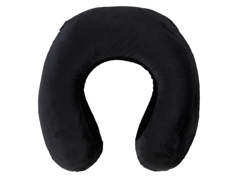 Zwarte fluwelen reis kussen, ideaal voor comfort tijdens vliegen of autorijden.