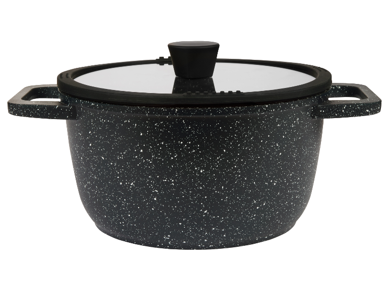 Zwarte pannen met glazen deksel.