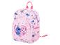 Roze kinderrugzak met blauwe en roze stripfiguren en hartjes.