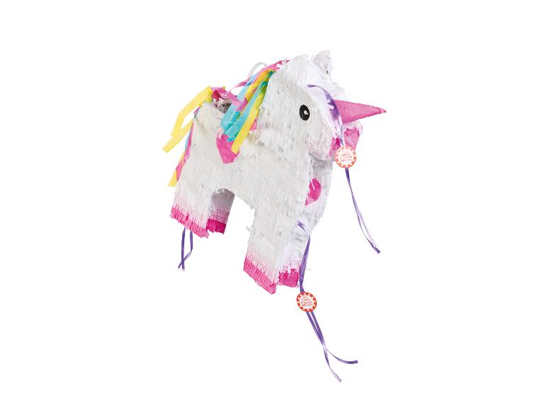 Roze en witte eenhoorn piñata voor een verjaardagsfeestje.