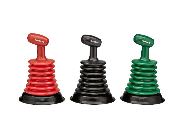 Drie Parkside gootsteenontstoppers, rood, zwart en groen, op een witte achtergrond.