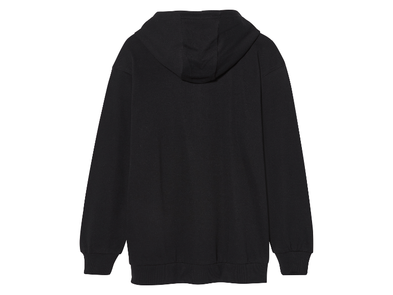 Een zwart hoodie-sweatshirt, achterkant.