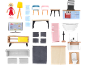 Poppenhuis meubelset met pop, keuken, badkamer, woonkamer en slaapkamer items.