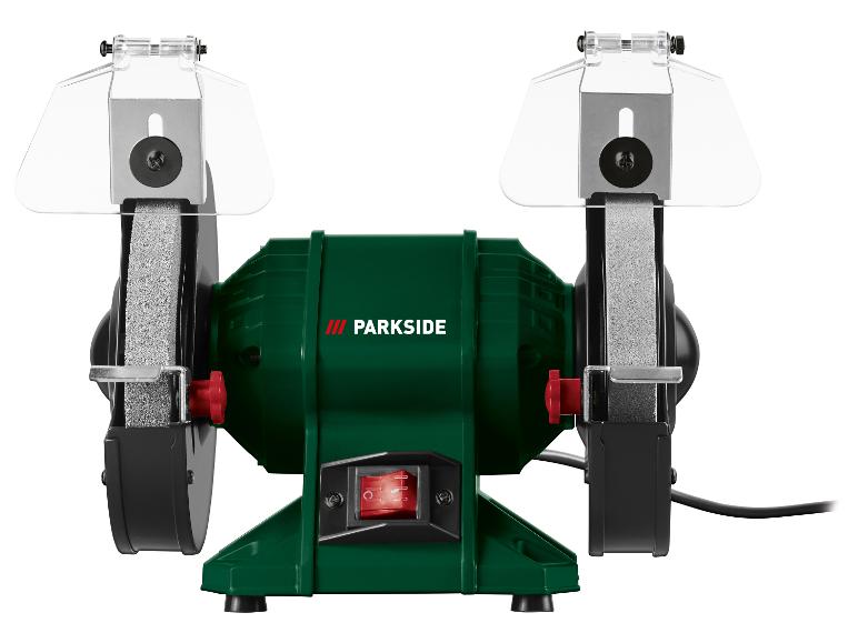 Groene Parkside slijpmachine met twee slijpschijven en transparante beschermkappen.