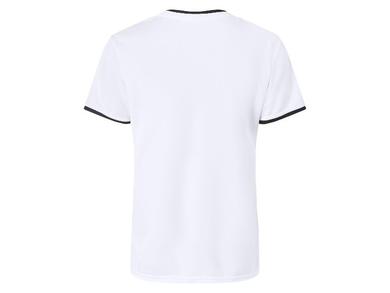 Wit T-shirt met ronde hals en zwarte mouwboorden, achterkant.