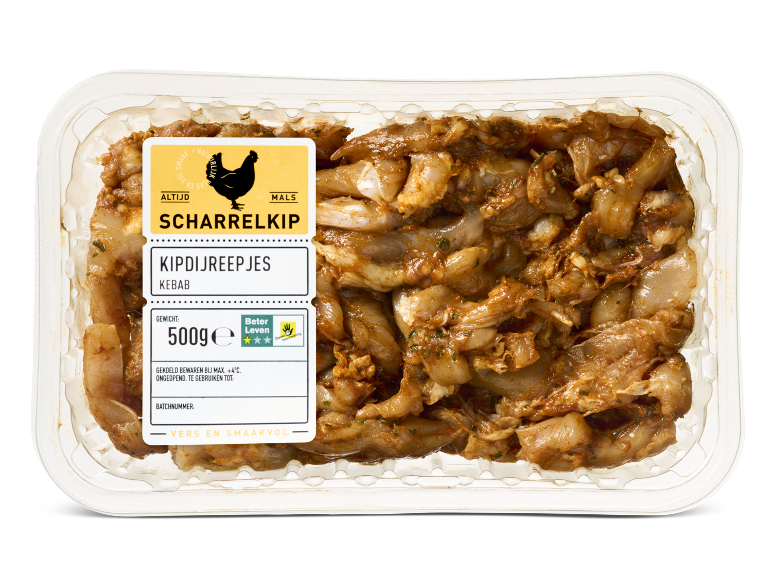 Verpakking met gemarineerde kipdijreepjes (kebab) van 500g.