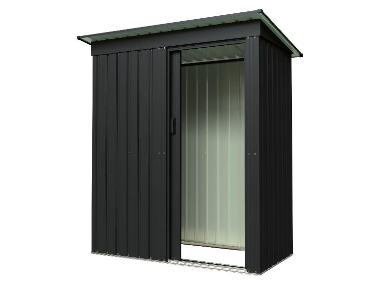 Zwarte metalen tuinschuur met schuifdeur