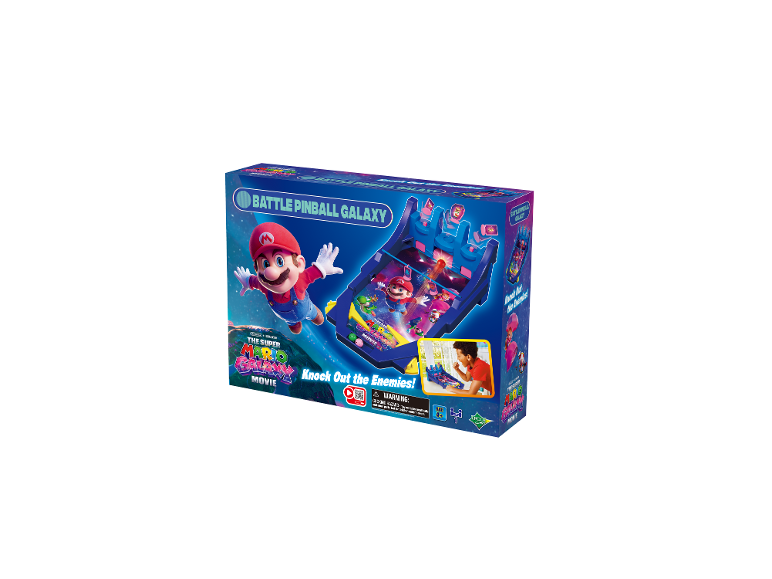 Een Super Mario Galaxy flipperkastspel met Mario op de doos, met waarschuwing voor kleine onderdelen.
