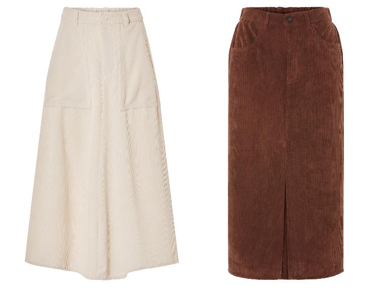 Twee corduroy rokken, een witte en een bruine.
