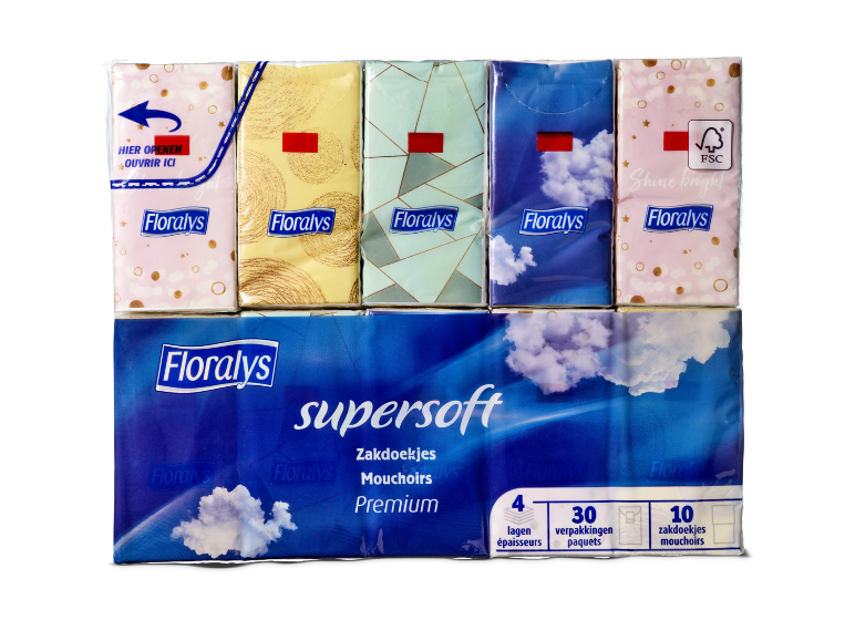 Floralys supersoft 4-laags zakdoekjes, verpakking van 30 x 10 stuks.