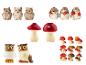Keramische figuurtjes: uilen, egels en paddenstoelen.