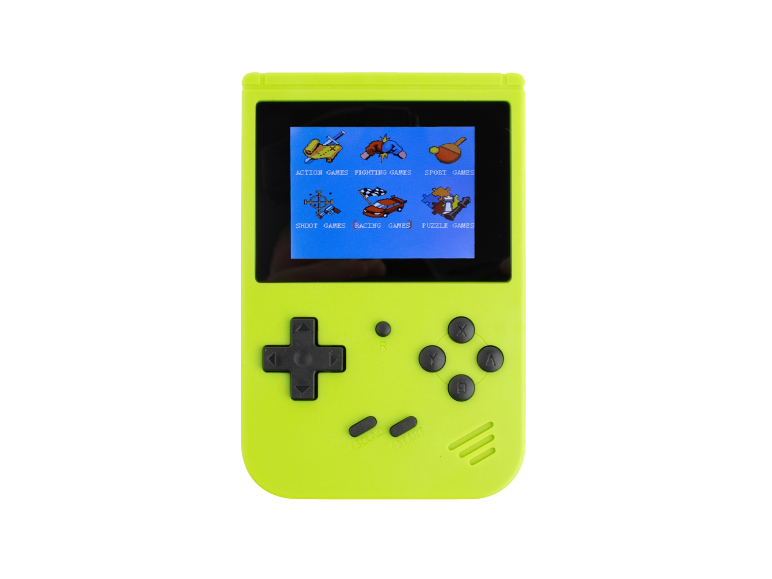 Lichtgroene handheld spelcomputer met een spelkeuzemenu op het scherm.
