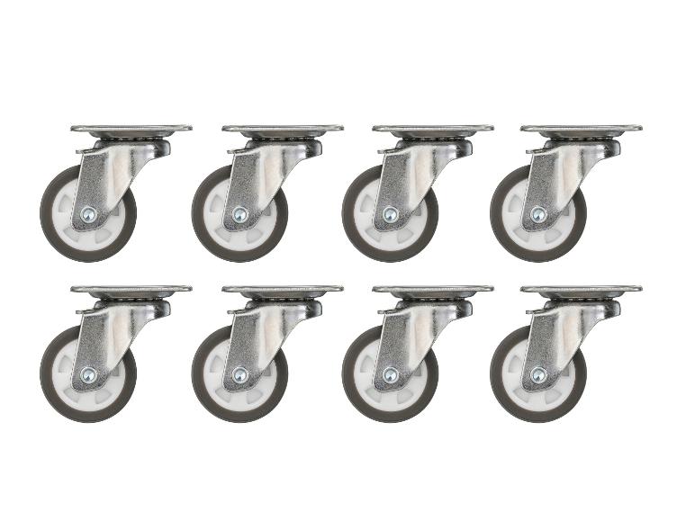 Acht metalen en rubberen zwenkwielen, gerangschikt in twee rijen.