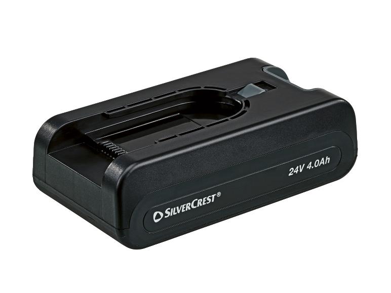 Zwarte 24V 4.0Ah oplaadbare batterij met grijze details.