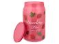 Roze geurkaars in blikvorm met de tekst 'Strawberry Bliss' en aardbeienpatroon.