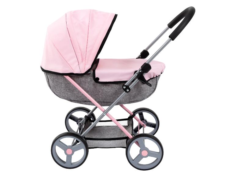 Roze en grijze poppenwagen met opvouwbare kap en opbergmand.