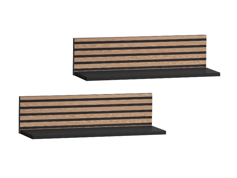 Twee zwarte en houtkleurige wandplanken met horizontale strepen