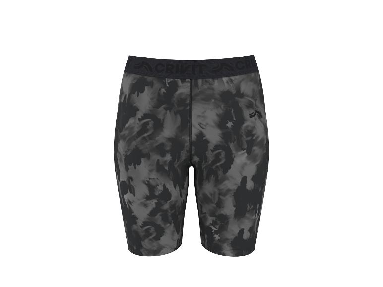 Zwarte en grijze sportshort met abstract patroon en elastische tailleband.