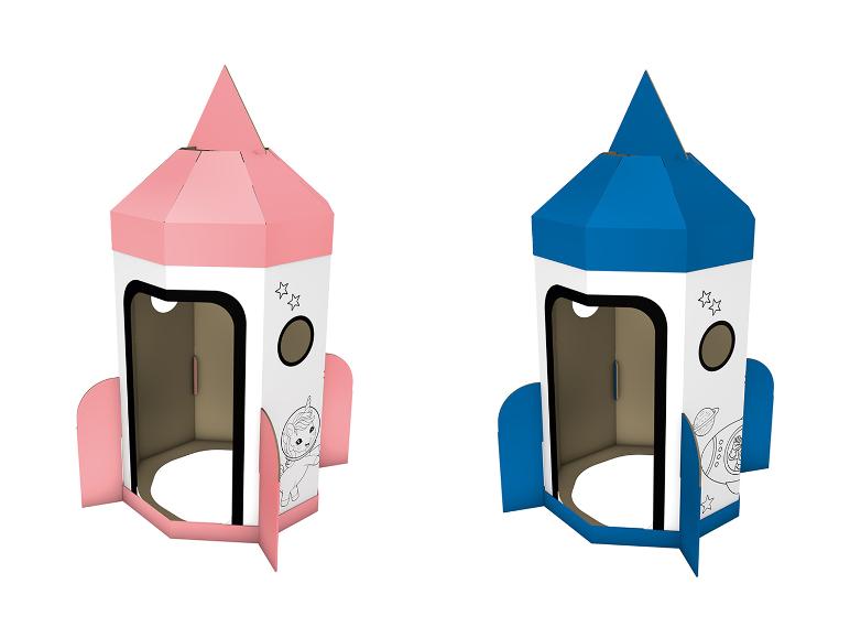 Twee kartonnen raketten voor kinderen, een roze en een blauwe.