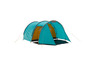 Een turquoise tent met een gele binnenkant.