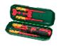 Een set schroevendraaiers van Parkside met verschillende bitjes in een groene koffer.