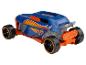 Een blauwe Hot Wheels racewagen met oranje details.