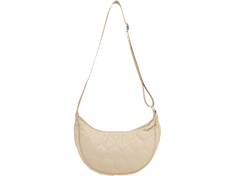 Beige gewatteerde schoudertas met verstelbare riem.