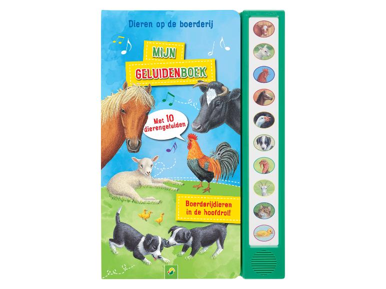 Boerderijdieren geluidenboek met 10 dierengeluiden, met paard, koe, lam en haan.