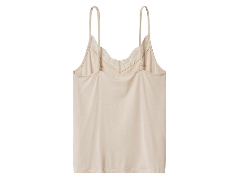 Huidkleurige camisole met dunne bandjes en kanten V-hals.