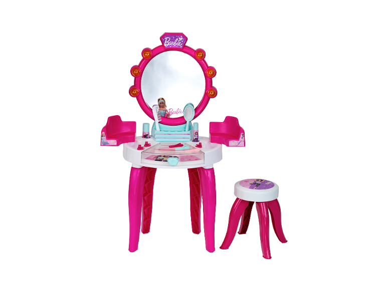 Roze met witte Barbie kaptafel met krukje en schoonheidsaccessoires.