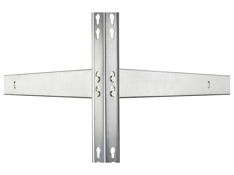 Een zilveren metalen plank met beugels voor een stellingkast.