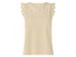 Dames beige top met borduursel en ruches op de schouders.