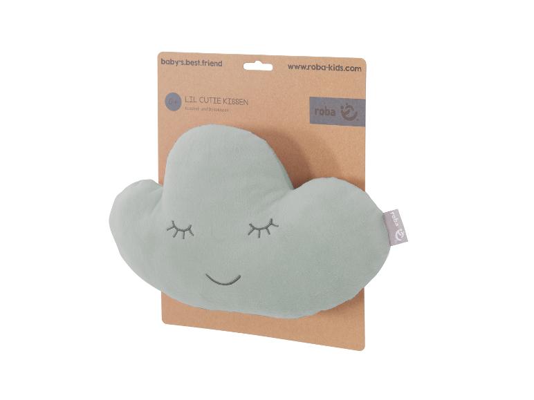Lichtgroen wolk-vormig kussen met slapend gezicht op bruine kartonnen verpakking van Roba.