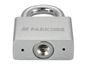 Een zilveren slot met een Parkside-label.