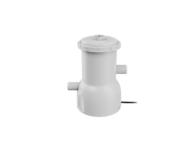 Witte zwembadfilterpomp met een zwarte stroomkabel.