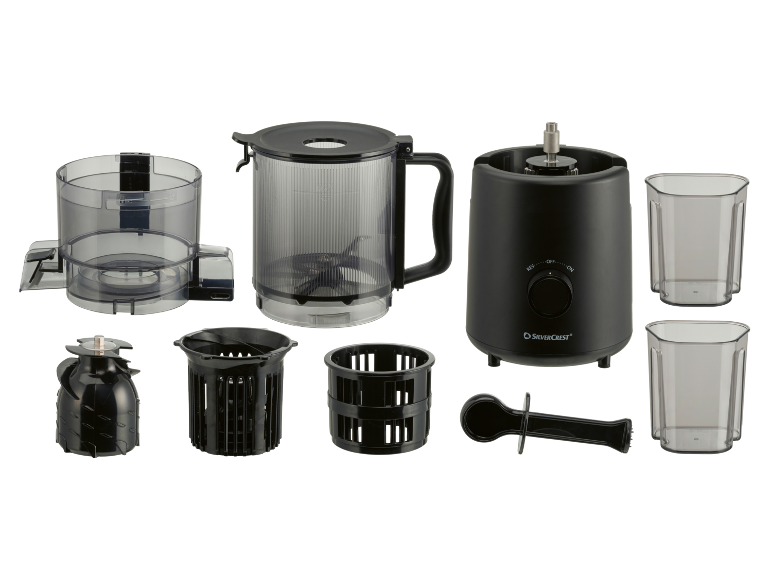 Keukenmachine met blender, twee bekers, twee mandjes en een stamper.