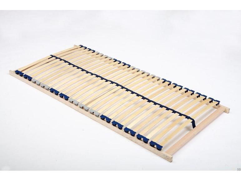 Houten lattenbodem met blauwe en grijze houders.