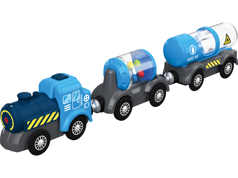 Blauwe speelgoedtrein met locomotief en twee tankwagons, één met gekleurde ballen en één met het label ROZ 95.