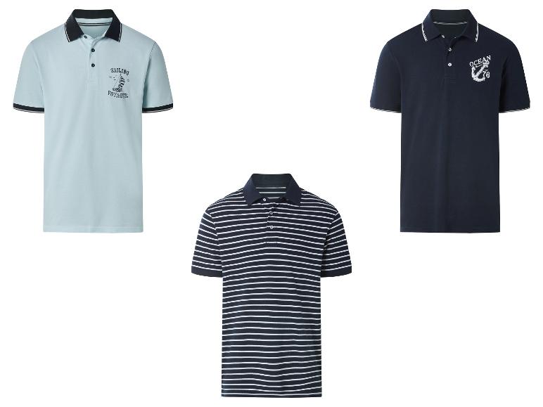 Drie herenpoloshirts: lichtblauw met zeilmotief, donkerblauw met anker en gestreept.
