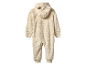 Beige fleece romper voor baby's met capuchon.