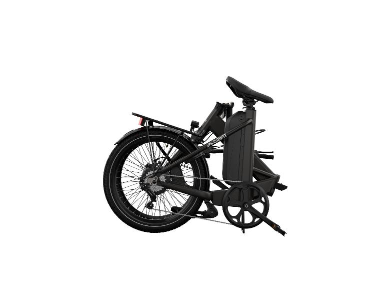 Een zwarte Crivit opvouwbare elektrische fiets met bagagedrager en accupakket.