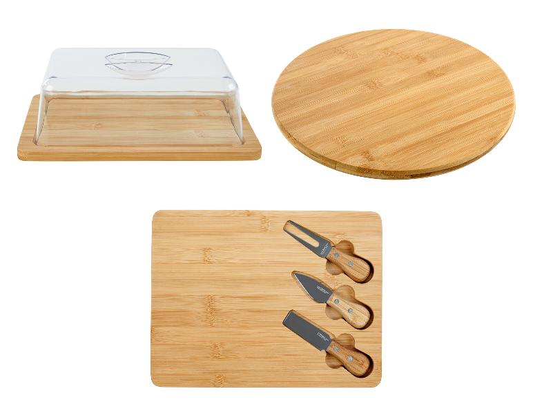 Bamboe kaasplateau met deksel, ronde snijplank en Livarno kaasmesset.