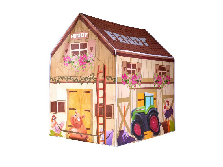 Kinderspeeltent in de vorm van een boerderij met boerderijthema, tractor en dieren.