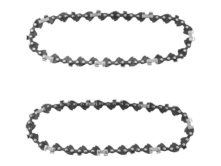 Twee metalen kettingzaagkettingen op een witte achtergrond.