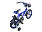 Blauwe kinderfiets met zijwieltjes en bidon