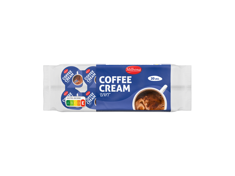 Verpakking met 20 individuele porties UHT koffiemelk met Nutri-Score C.