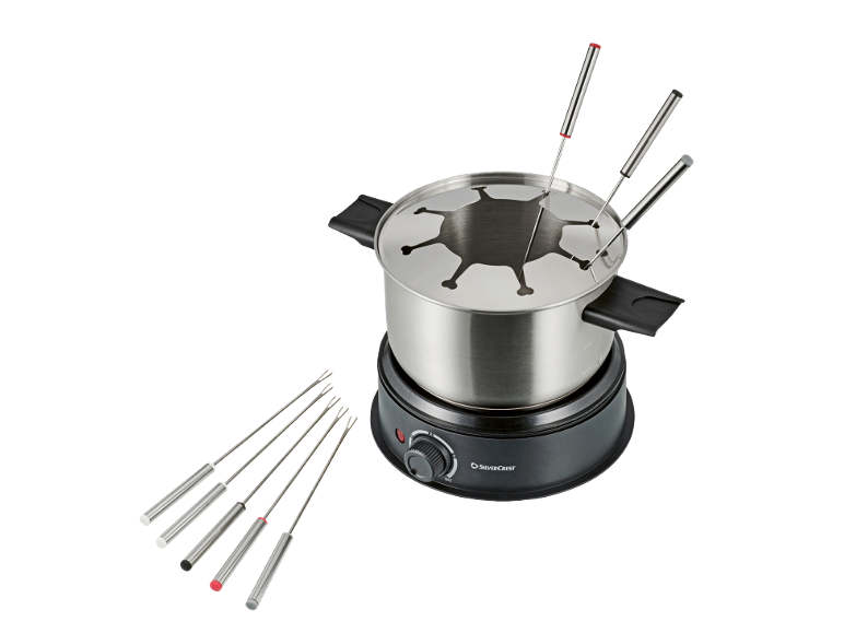 Elektrische fondueset van roestvrij staal met zes fonduevorken.