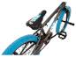 Grijze BMX-fiets met blauwe banden en zadel.
