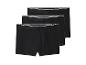 Drie zwarte herenboxershorts met wit gestreepte taillebanden, diagonaal gestapeld.