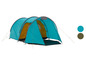 Een turquoise tent met een donkerblauwe onderkant en gele details.
